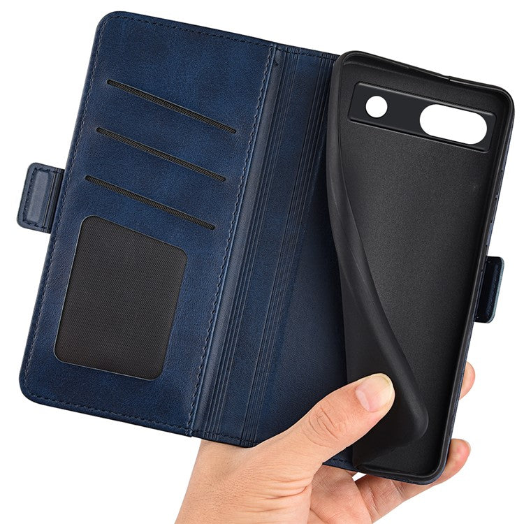 Flip Shell for Google Pixel 7a Calf Texture Cell Phone Cover Stand Wallet PU Leather Phone Case - Blue