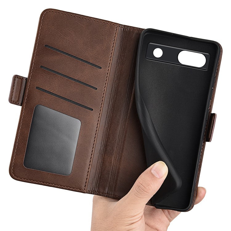 Flip Shell for Google Pixel 7a Calf Texture Cell Phone Cover Stand Wallet PU Leather Phone Case - Brown
