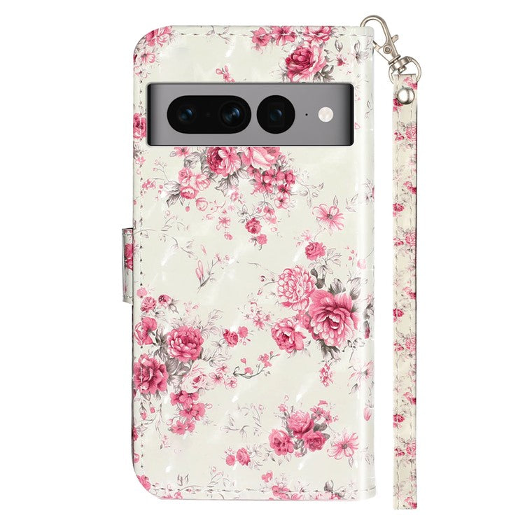 For Google Pixel 7 Pro 5G Flip Stand Phone Case 3D Pattern Printing PU Leather Wallet Phone Folio Cover with Strap - Roses