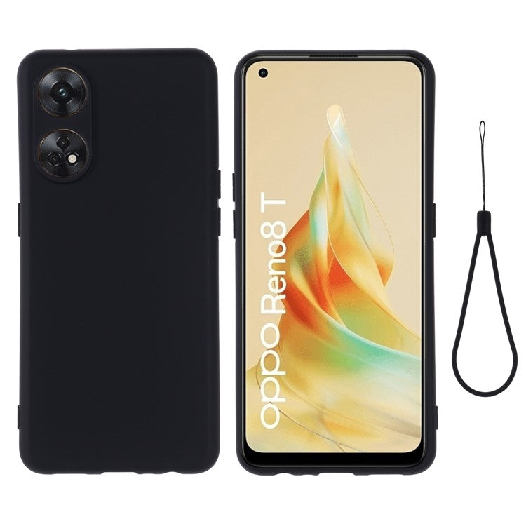 Phone Case for Oppo Reno8 T 4G , Liquid Silicone Soft Lining Shockproof Smartphone Cover with Strap - Black
