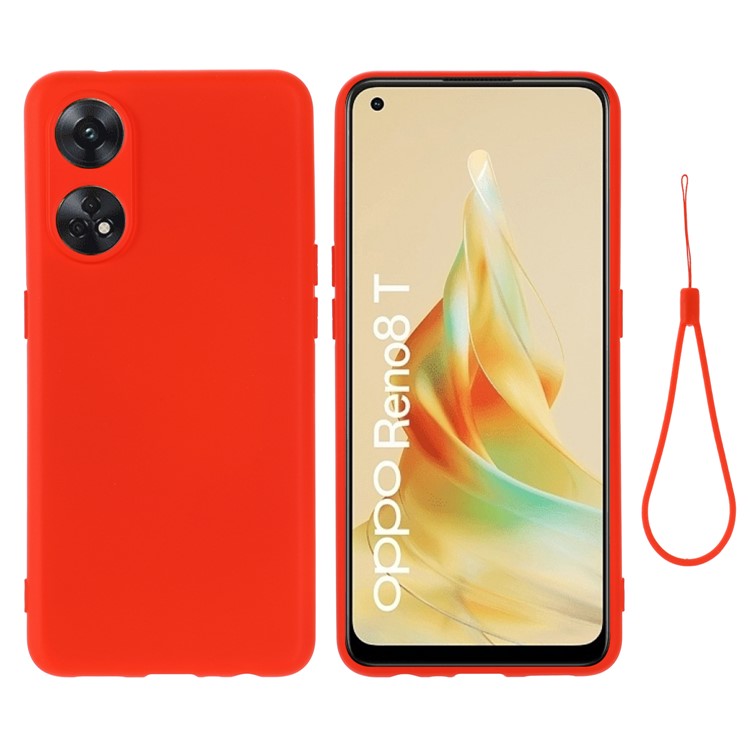 Phone Case for Oppo Reno8 T 4G , Liquid Silicone Soft Lining Shockproof Smartphone Cover with Strap - Red