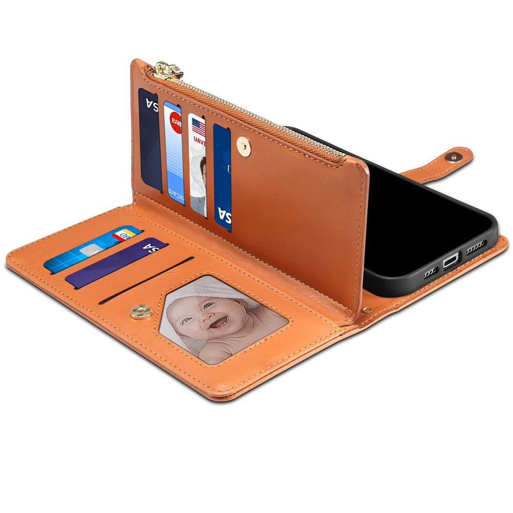 ESEBLE for Samsung Galaxy M54 5G / F54 5G RFID Blocking Leather Phone Case Zipper Pocket Wallet Stand Cover - Brown
