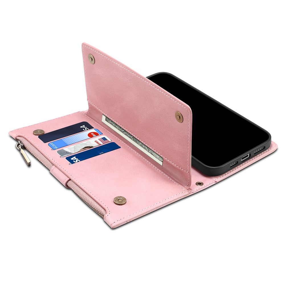 ESEBLE Star Series for Samsung Galaxy M54 5G / F54 5G Phone Stand Case Zipper Pocket Wallet Leather Phone Cover - Rose Gold