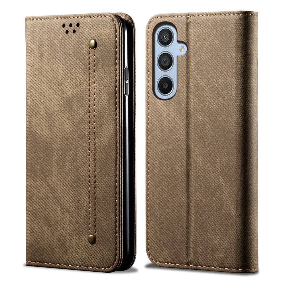 For Samsung Galaxy M54 5G / F54 5G Anti-Scratch Phone Case PU Leather Jeans Cloth Texture Wallet Stand Phone Cover - Khaki