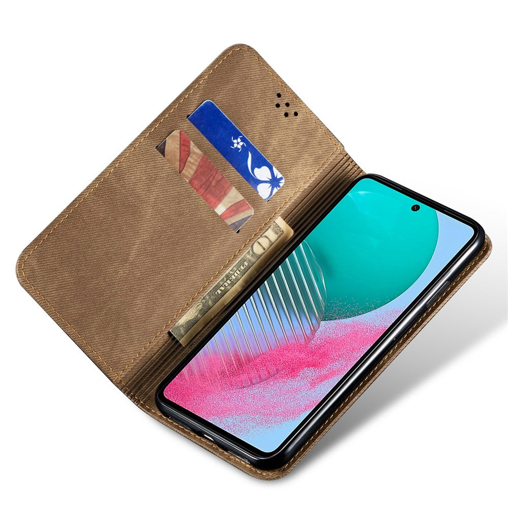 For Samsung Galaxy M54 5G / F54 5G Anti-Scratch Phone Case PU Leather Jeans Cloth Texture Wallet Stand Phone Cover - Khaki
