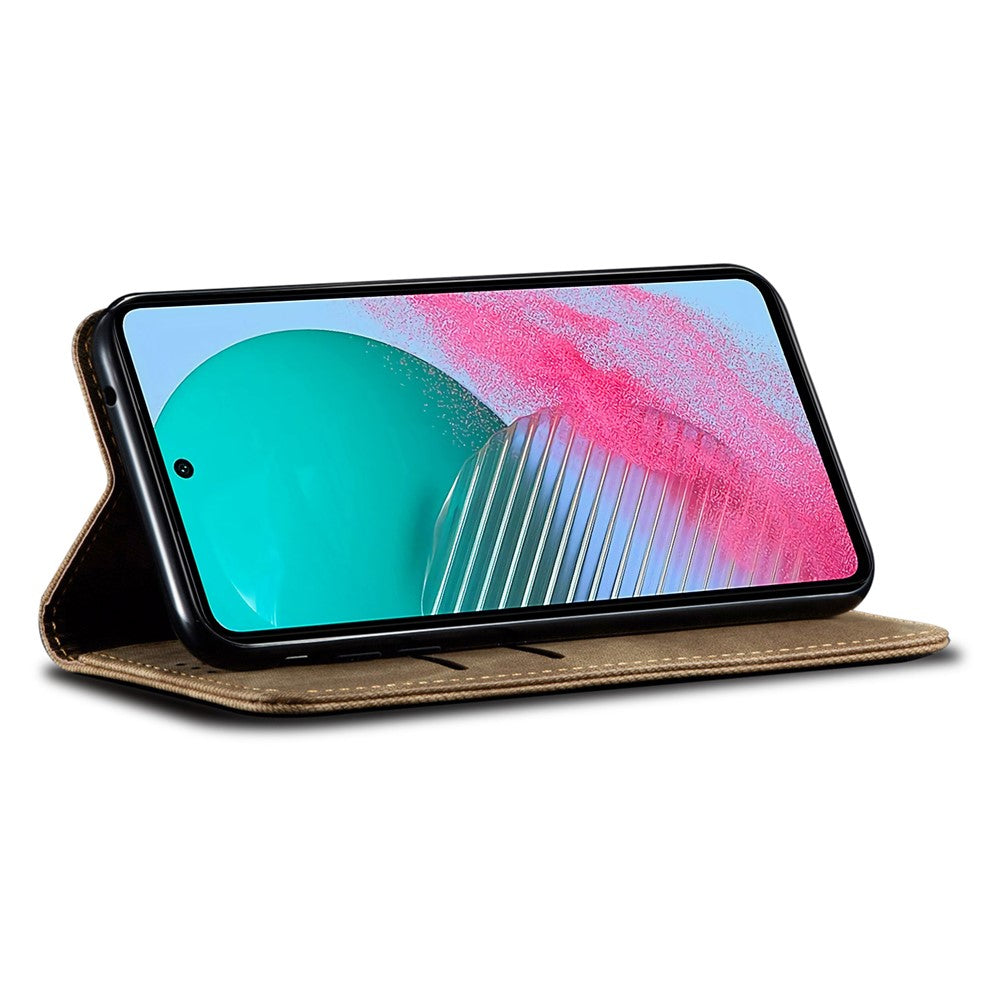 For Samsung Galaxy M54 5G / F54 5G Anti-Scratch Phone Case PU Leather Jeans Cloth Texture Wallet Stand Phone Cover - Khaki