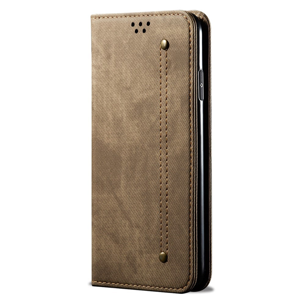 For Samsung Galaxy M54 5G / F54 5G Anti-Scratch Phone Case PU Leather Jeans Cloth Texture Wallet Stand Phone Cover - Khaki