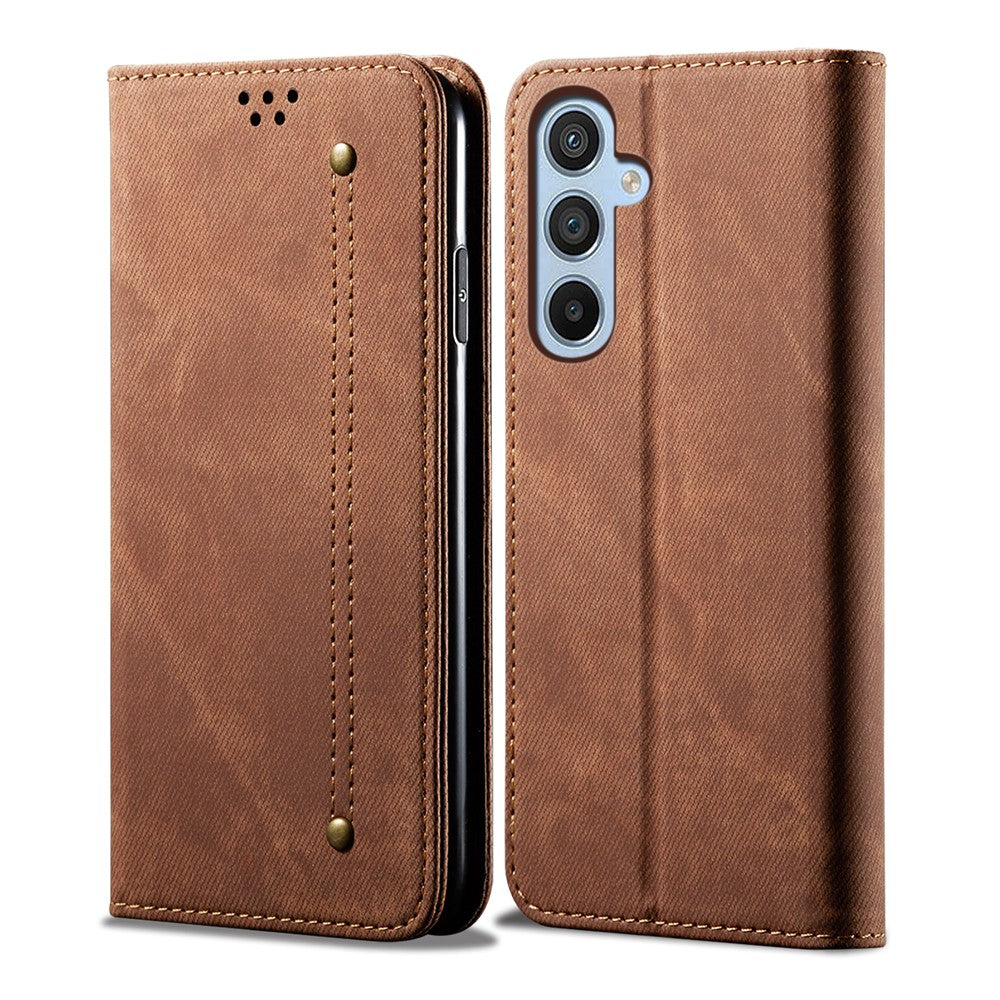 For Samsung Galaxy M54 5G / F54 5G Anti-Scratch Phone Case PU Leather Jeans Cloth Texture Wallet Stand Phone Cover - Coffee