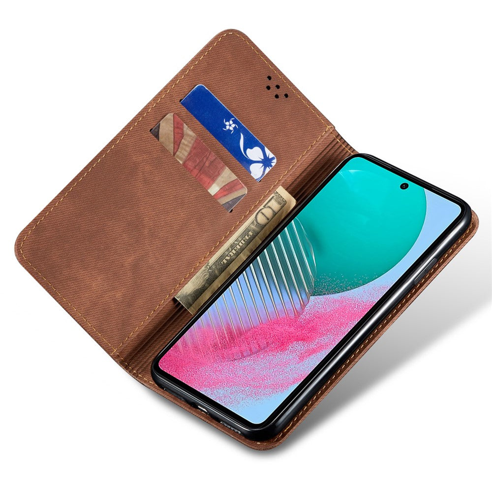 For Samsung Galaxy M54 5G / F54 5G Anti-Scratch Phone Case PU Leather Jeans Cloth Texture Wallet Stand Phone Cover - Coffee