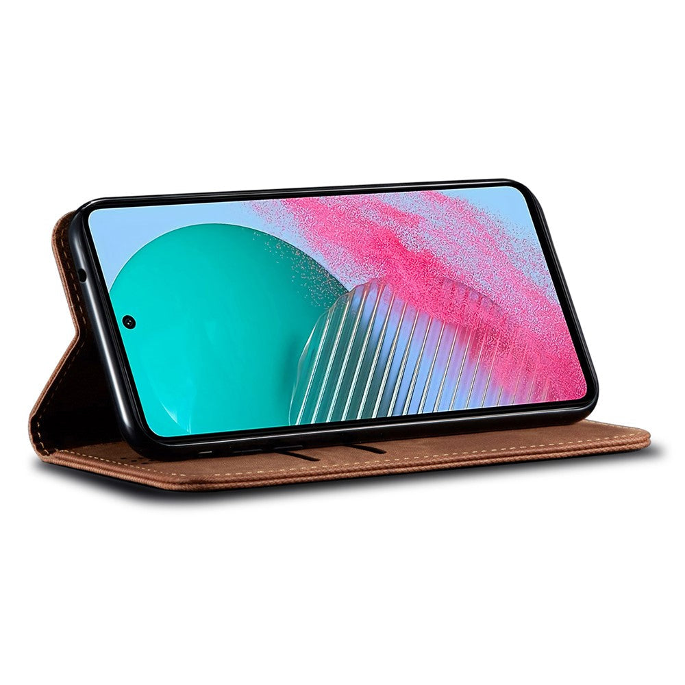 For Samsung Galaxy M54 5G / F54 5G Anti-Scratch Phone Case PU Leather Jeans Cloth Texture Wallet Stand Phone Cover - Coffee