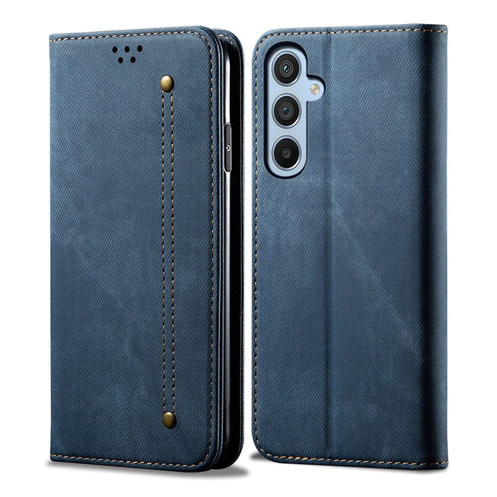 For Samsung Galaxy M54 5G / F54 5G Anti-Scratch Phone Case PU Leather Jeans Cloth Texture Wallet Stand Phone Cover - Blue