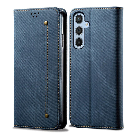 For Samsung Galaxy M54 5G / F54 5G Anti-Scratch Phone Case PU Leather Jeans Cloth Texture Wallet Stand Phone Cover - Blue