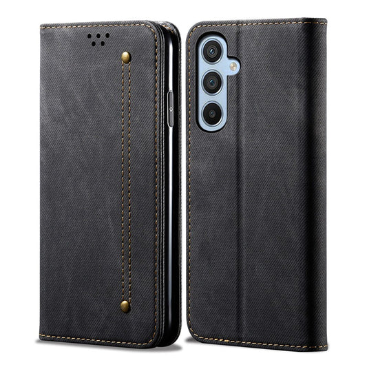 For Samsung Galaxy M54 5G / F54 5G Anti-Scratch Phone Case PU Leather Jeans Cloth Texture Wallet Stand Phone Cover - Black