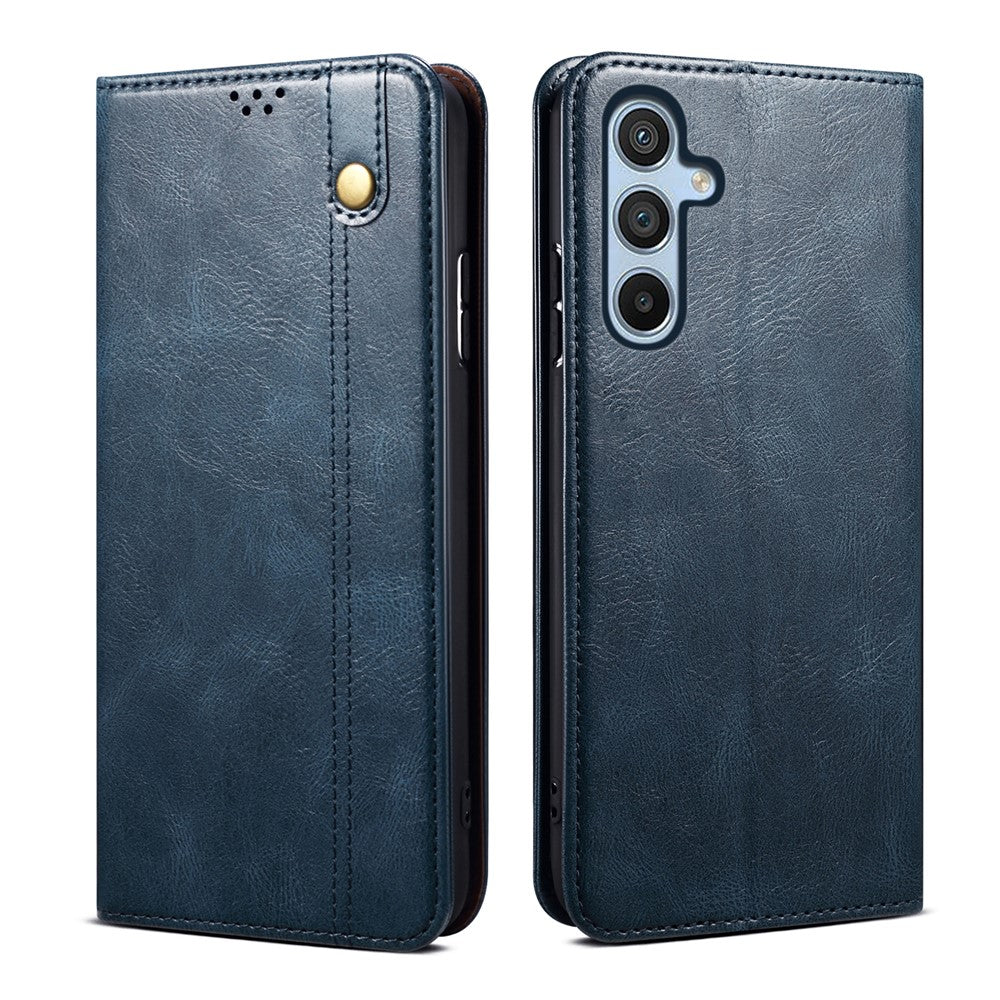 For Samsung Galaxy M54 5G / F54 5G Waxy Crazy Horse Texture Leather Wallet Phone Case Stand Cell Phone Cover - Blue