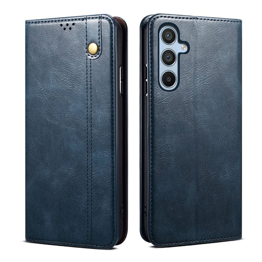 For Samsung Galaxy M54 5G / F54 5G Waxy Crazy Horse Texture Leather Wallet Phone Case Stand Cell Phone Cover - Blue