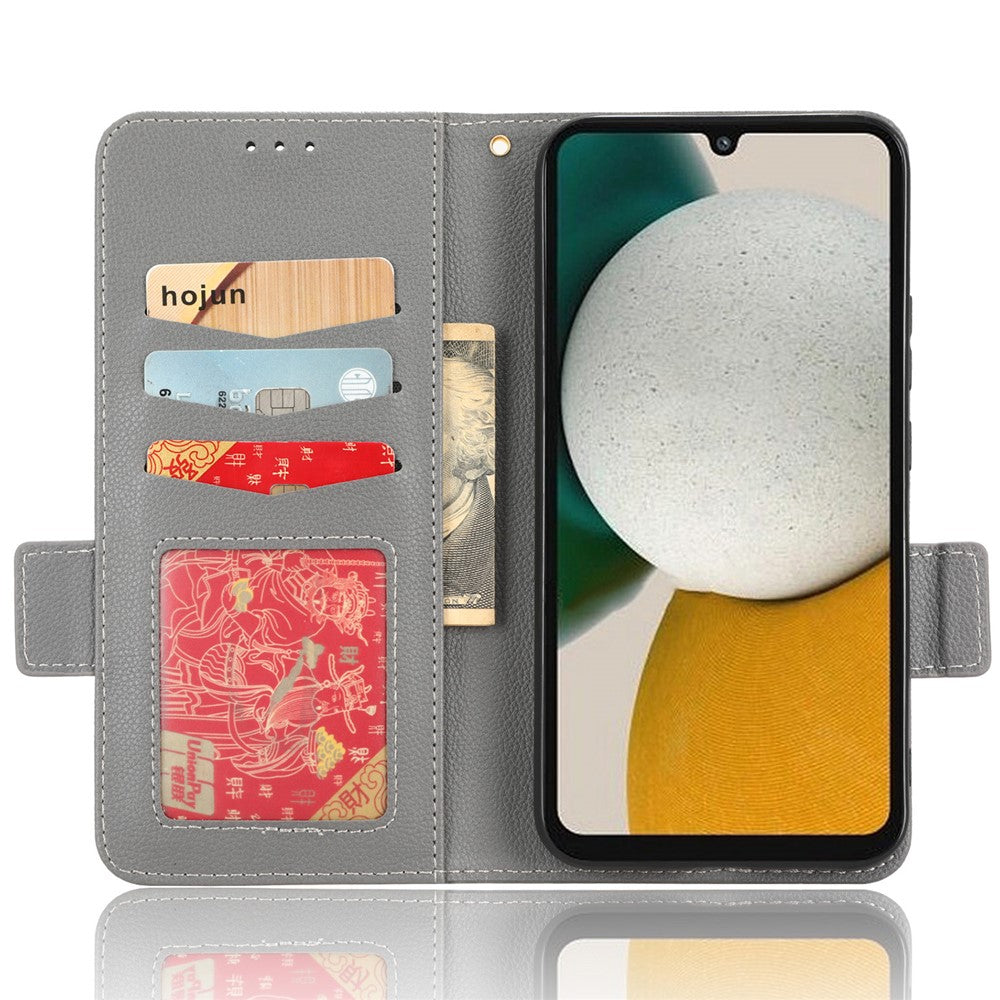 For Samsung Galaxy M14 5G Dual Magnetic Clasp Cover Wallet Stand Litchi Texture PU Leather+TPU Phone Case - Grey