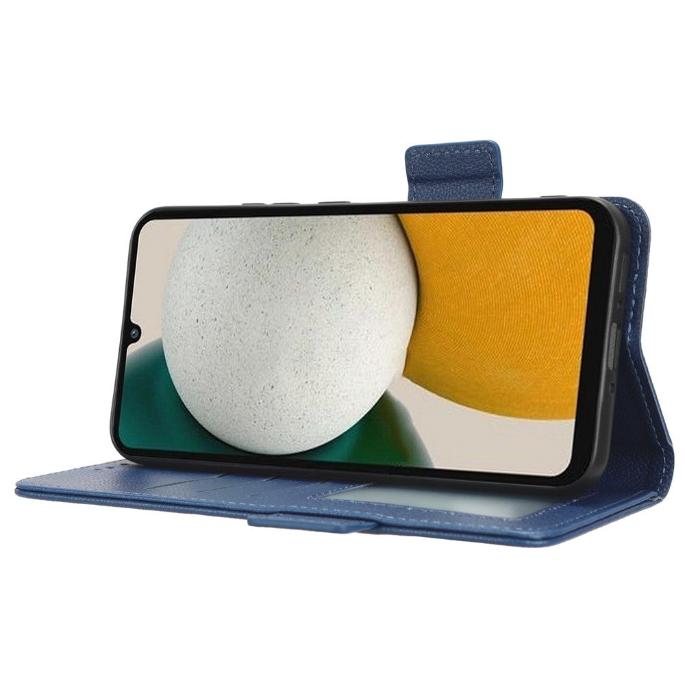 For Samsung Galaxy M14 5G Dual Magnetic Clasp Cover Wallet Stand Litchi Texture PU Leather+TPU Phone Case - Dark Blue