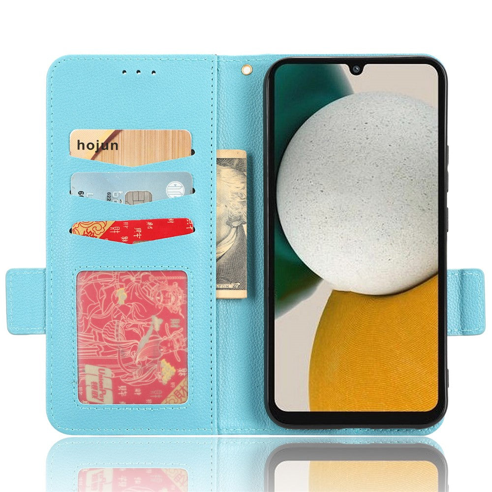 For Samsung Galaxy M14 5G Dual Magnetic Clasp Cover Wallet Stand Litchi Texture PU Leather+TPU Phone Case - Baby Blue