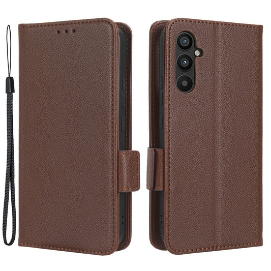 For Samsung Galaxy M14 5G Dual Magnetic Clasp Cover Wallet Stand Litchi Texture PU Leather+TPU Phone Case - Brown