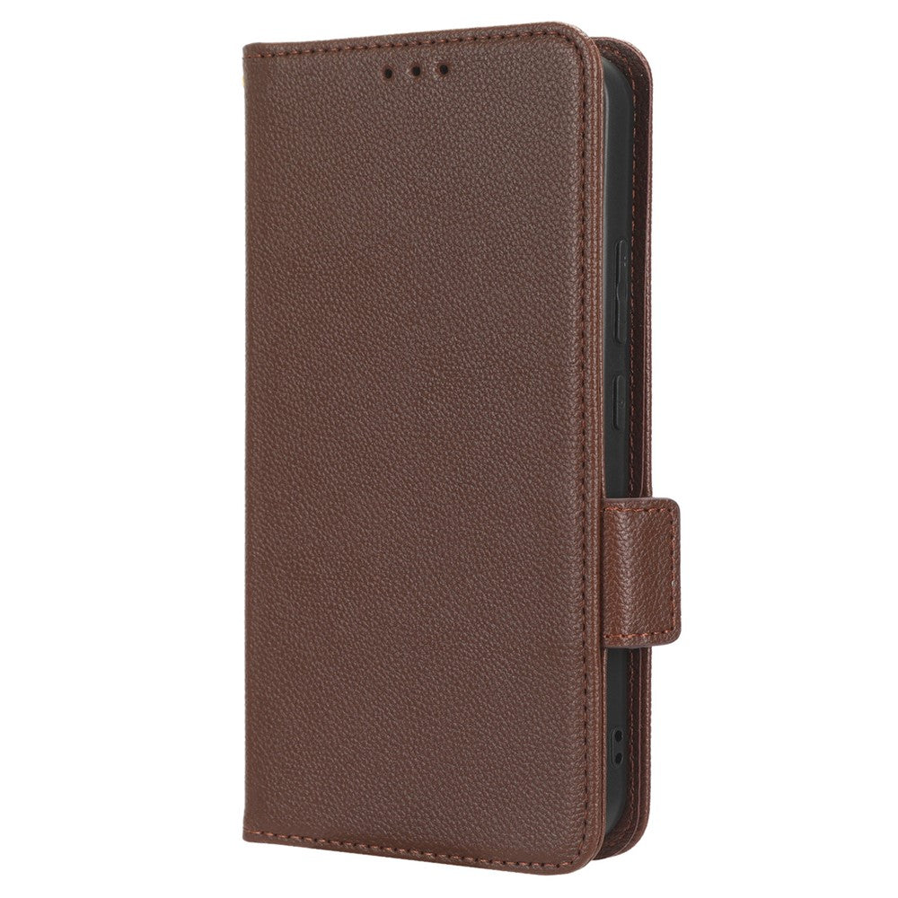 For Samsung Galaxy M14 5G Dual Magnetic Clasp Cover Wallet Stand Litchi Texture PU Leather+TPU Phone Case - Brown