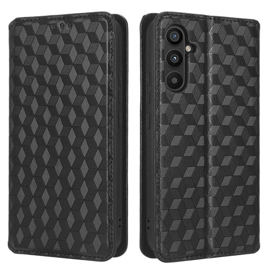 For Samsung Galaxy M14 5G Stand Phone Cover Wallet Imprinted Rhombus Pattern PU Leather+TPU Phone Case - Black