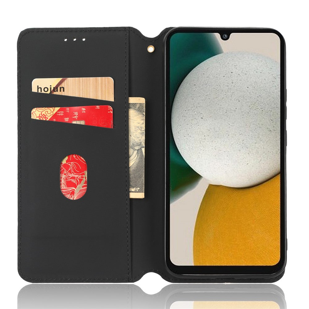 For Samsung Galaxy M14 5G Stand Phone Cover Wallet Imprinted Rhombus Pattern PU Leather+TPU Phone Case - Black