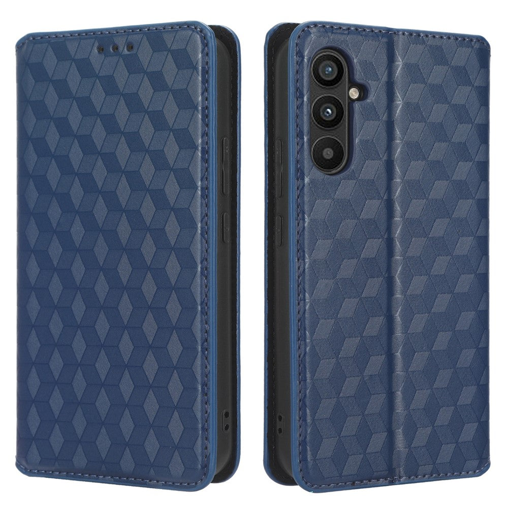 For Samsung Galaxy M14 5G Stand Phone Cover Wallet Imprinted Rhombus Pattern PU Leather+TPU Phone Case - Blue