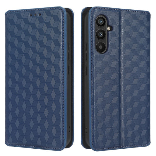 For Samsung Galaxy M14 5G Stand Phone Cover Wallet Imprinted Rhombus Pattern PU Leather+TPU Phone Case - Blue