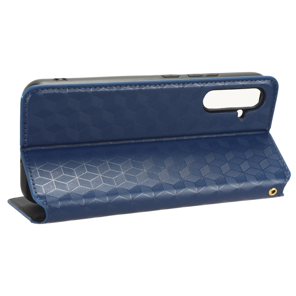 For Samsung Galaxy M14 5G Stand Phone Cover Wallet Imprinted Rhombus Pattern PU Leather+TPU Phone Case - Blue