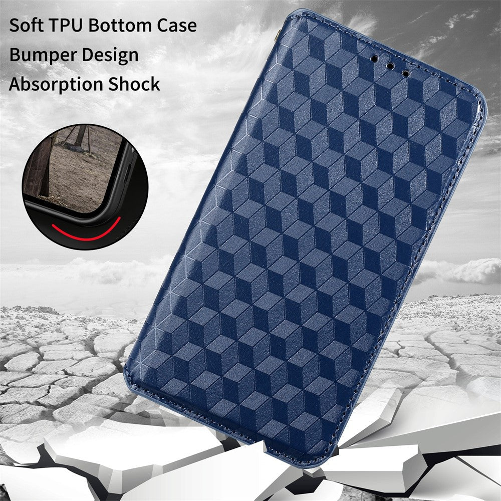 For Samsung Galaxy M14 5G Stand Phone Cover Wallet Imprinted Rhombus Pattern PU Leather+TPU Phone Case - Blue