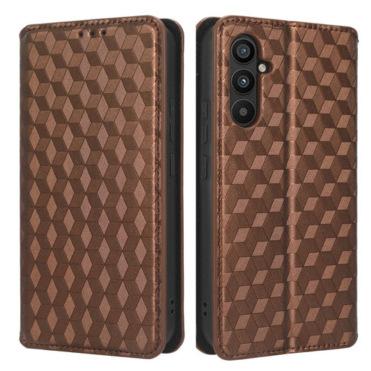 For Samsung Galaxy M14 5G Stand Phone Cover Wallet Imprinted Rhombus Pattern PU Leather+TPU Phone Case - Brown