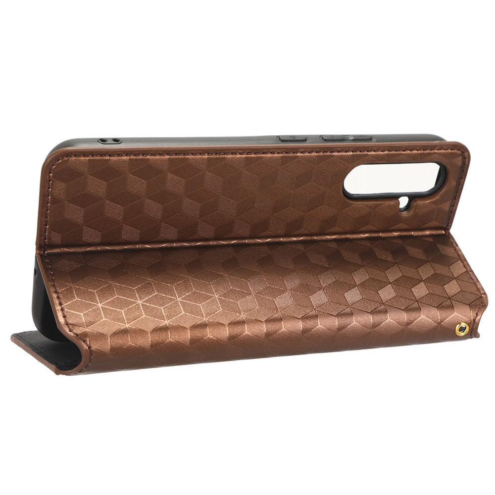 For Samsung Galaxy M14 5G Stand Phone Cover Wallet Imprinted Rhombus Pattern PU Leather+TPU Phone Case - Brown
