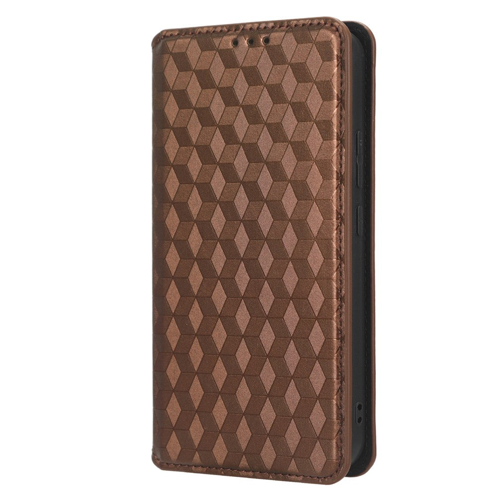 For Samsung Galaxy M14 5G Stand Phone Cover Wallet Imprinted Rhombus Pattern PU Leather+TPU Phone Case - Brown