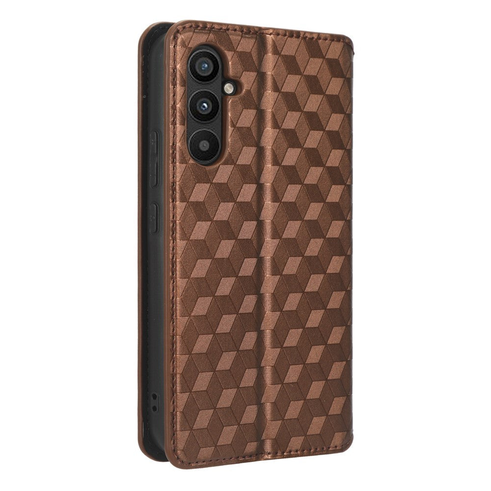 For Samsung Galaxy M14 5G Stand Phone Cover Wallet Imprinted Rhombus Pattern PU Leather+TPU Phone Case - Brown
