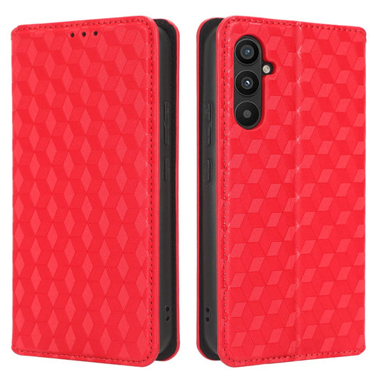 For Samsung Galaxy M14 5G Stand Phone Cover Wallet Imprinted Rhombus Pattern PU Leather+TPU Phone Case - Red