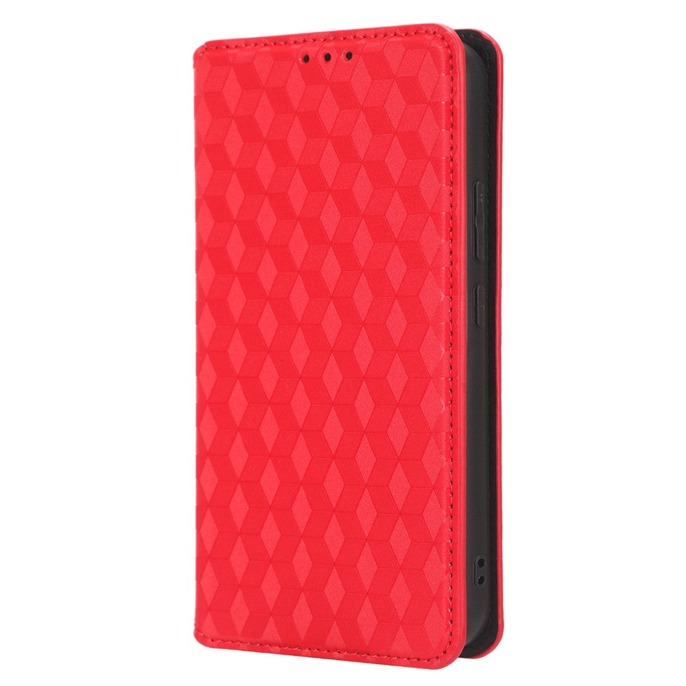For Samsung Galaxy M14 5G Stand Phone Cover Wallet Imprinted Rhombus Pattern PU Leather+TPU Phone Case - Red