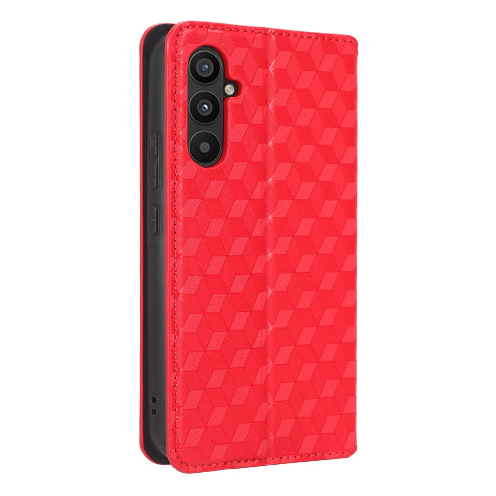 For Samsung Galaxy M14 5G Stand Phone Cover Wallet Imprinted Rhombus Pattern PU Leather+TPU Phone Case - Red