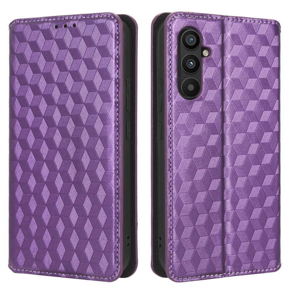 For Samsung Galaxy M14 5G Stand Phone Cover Wallet Imprinted Rhombus Pattern PU Leather+TPU Phone Case - Purple