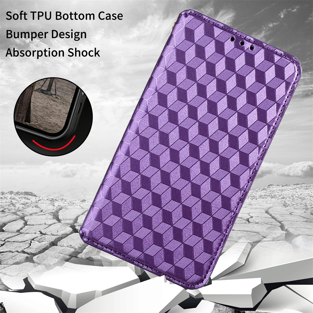 For Samsung Galaxy M14 5G Stand Phone Cover Wallet Imprinted Rhombus Pattern PU Leather+TPU Phone Case - Purple