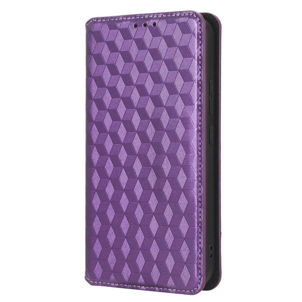 For Samsung Galaxy M14 5G Stand Phone Cover Wallet Imprinted Rhombus Pattern PU Leather+TPU Phone Case - Purple