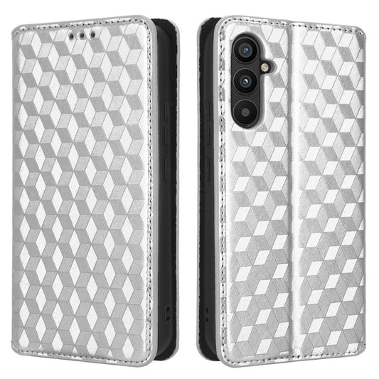 For Samsung Galaxy M14 5G Stand Phone Cover Wallet Imprinted Rhombus Pattern PU Leather+TPU Phone Case - Silver
