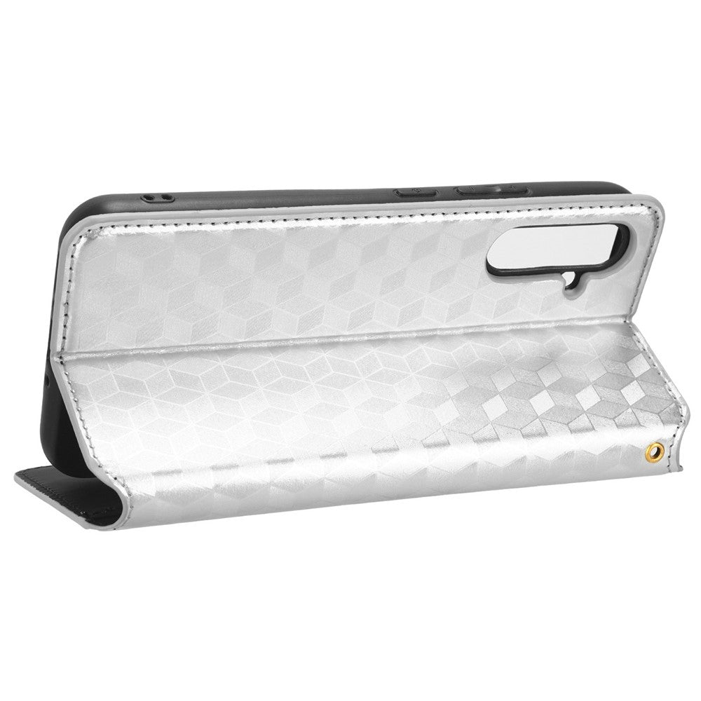 For Samsung Galaxy M14 5G Stand Phone Cover Wallet Imprinted Rhombus Pattern PU Leather+TPU Phone Case - Silver