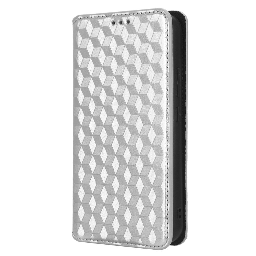 For Samsung Galaxy M14 5G Stand Phone Cover Wallet Imprinted Rhombus Pattern PU Leather+TPU Phone Case - Silver