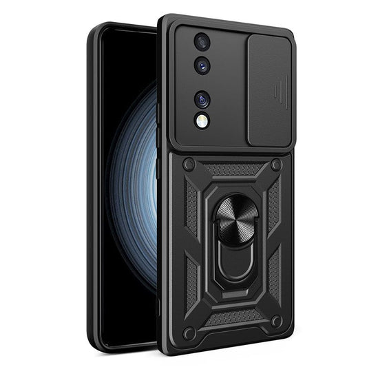 For Honor 70 5G Phone Kickstand Case Slide Camera Lens Protection PC+TPU Cover - Black