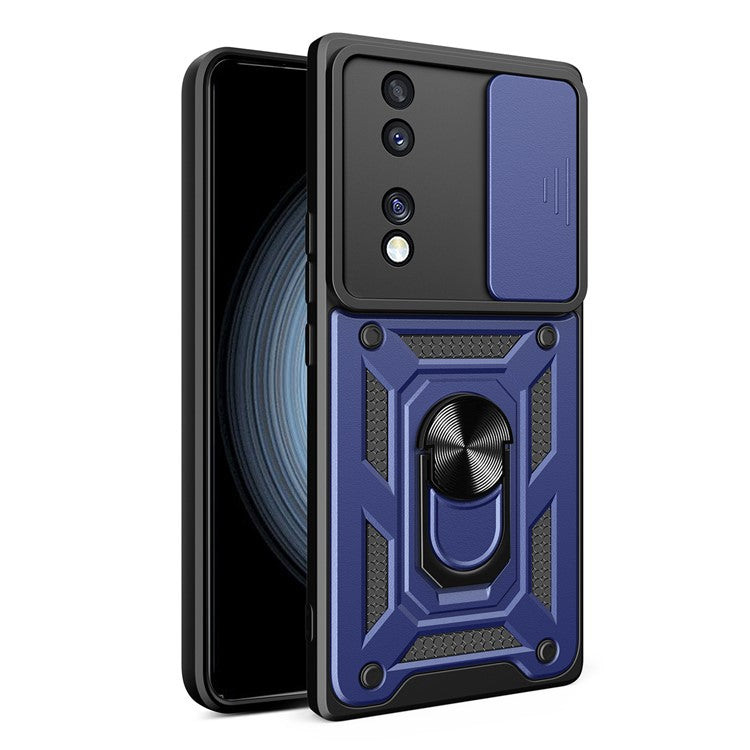 For Honor 70 5G Phone Kickstand Case Slide Camera Lens Protection PC+TPU Cover - Blue