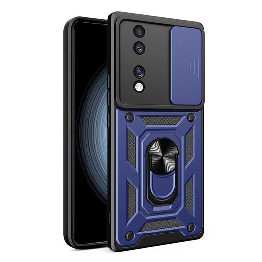 For Honor 70 5G Phone Kickstand Case Slide Camera Lens Protection PC+TPU Cover - Blue