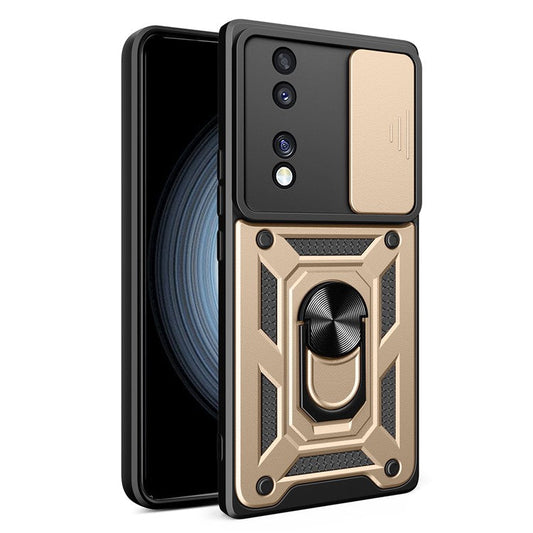 For Honor 70 5G Phone Kickstand Case Slide Camera Lens Protection PC+TPU Cover - Gold