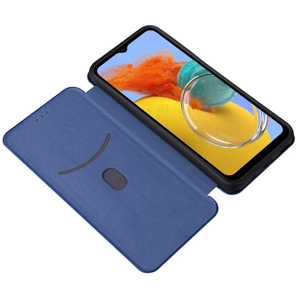For Samsung Galaxy M14 5G Phone Cover TPU+PU Leather Stand Carbon Fiber Texture Phone Case with Card Slot - Blue