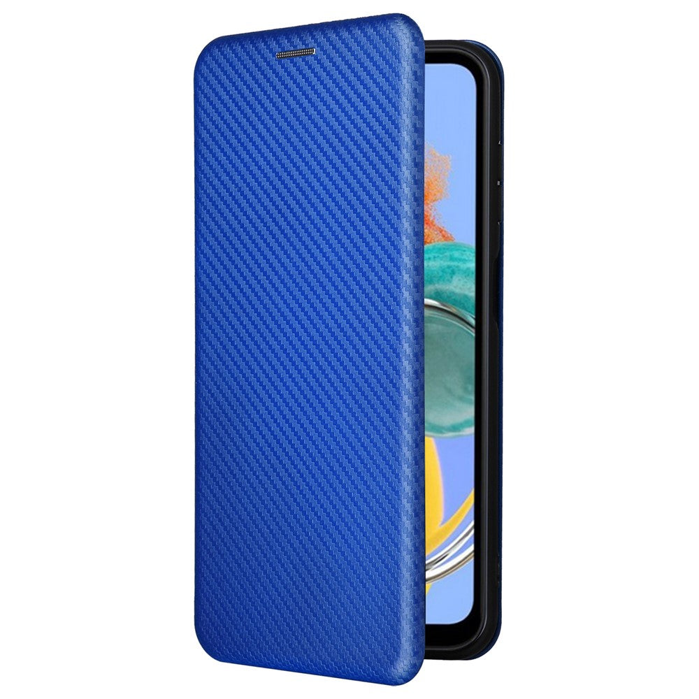 For Samsung Galaxy M14 5G Phone Cover TPU+PU Leather Stand Carbon Fiber Texture Phone Case with Card Slot - Blue
