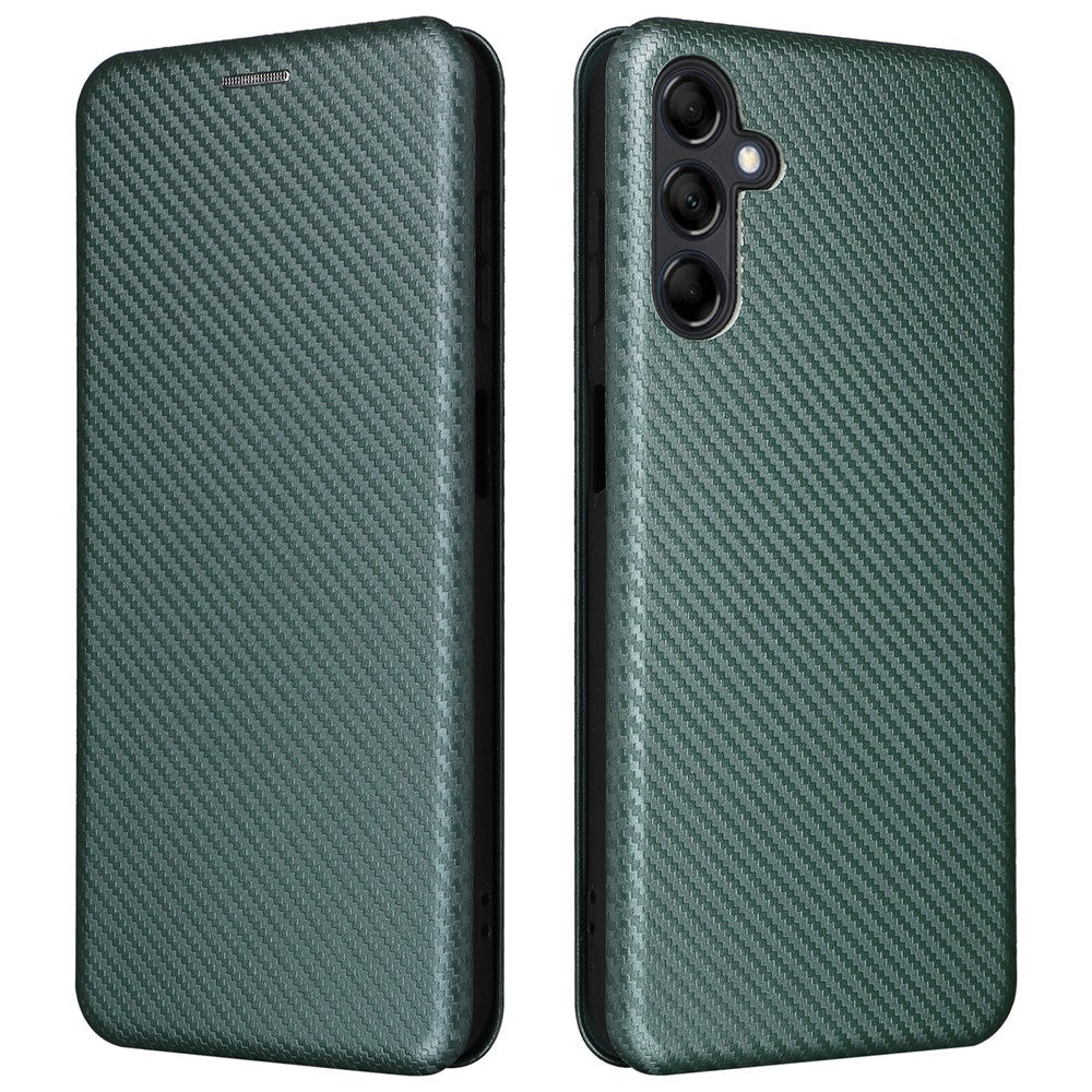 For Samsung Galaxy M14 5G Phone Cover TPU+PU Leather Stand Carbon Fiber Texture Phone Case with Card Slot - Green
